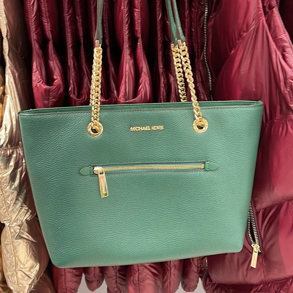 MICHAEL KORS Jet Set Medium Front Zip Pebbled Leather Chain Tote Bag Jewel Green
